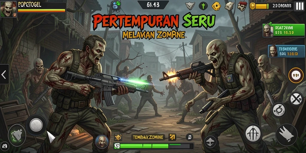 Tangkapan layar utama menunjukkan pertarungan melawan zombie di POPOTOGEL.